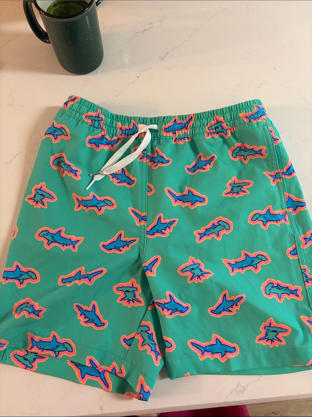 Kids Teal Shark-Print Swim Shorts with Drawstring